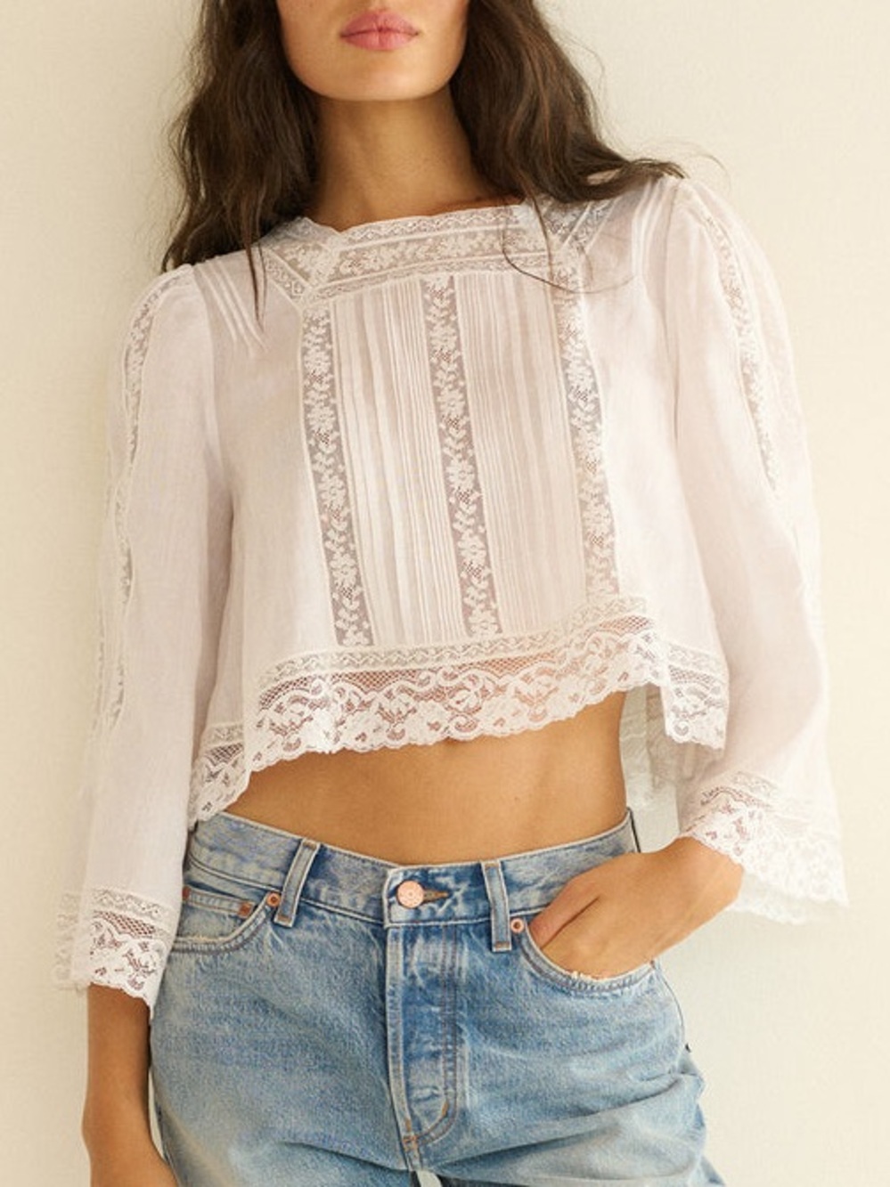 NWT Doen Solstice Lace Cotton Square Neck Crop Long Sleeve Top Salt White